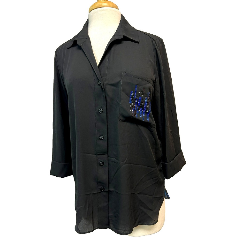 Joseph Ribkoff Black Button Up Polyester Shirt Blue Print Back 3/4 Sleeve SZ 8